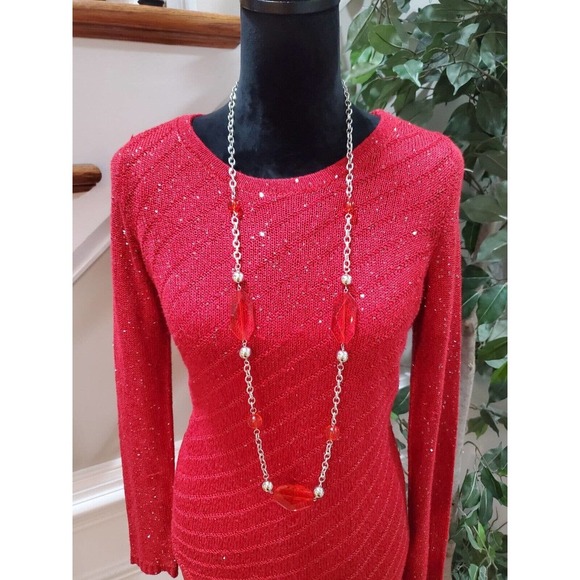 Apt. 9 Womens Red Sparkly Sequin Long Sleeve Crew Neck Sweater Size Small - Picture 2 of 11